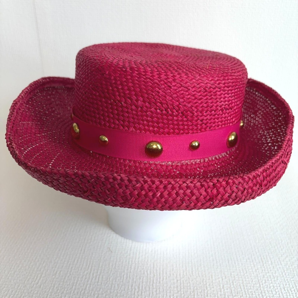 Magenta Pink Straw Western Boater Hat with Gold Studded Ribbon Band